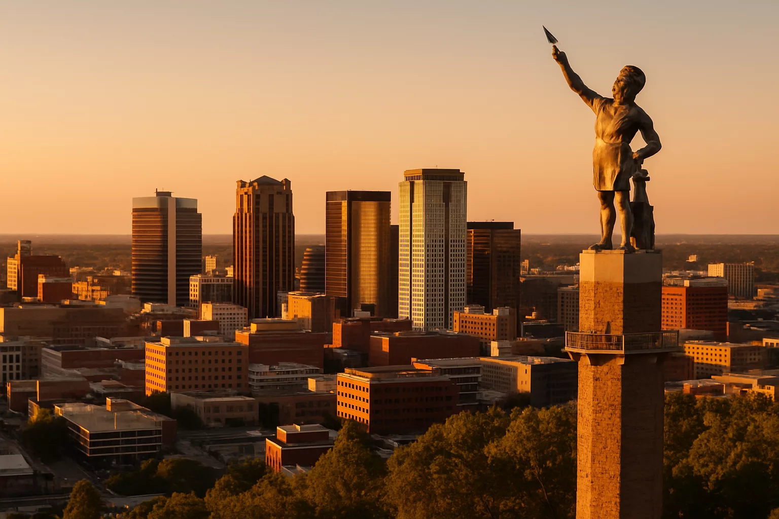 Birmingham skyline with the Vulcan statue on Red Mountain overlooking the city