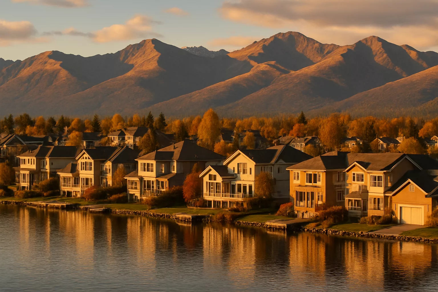 Anchorage waterfront neighborhood with the Chugach Mountains rising behind it