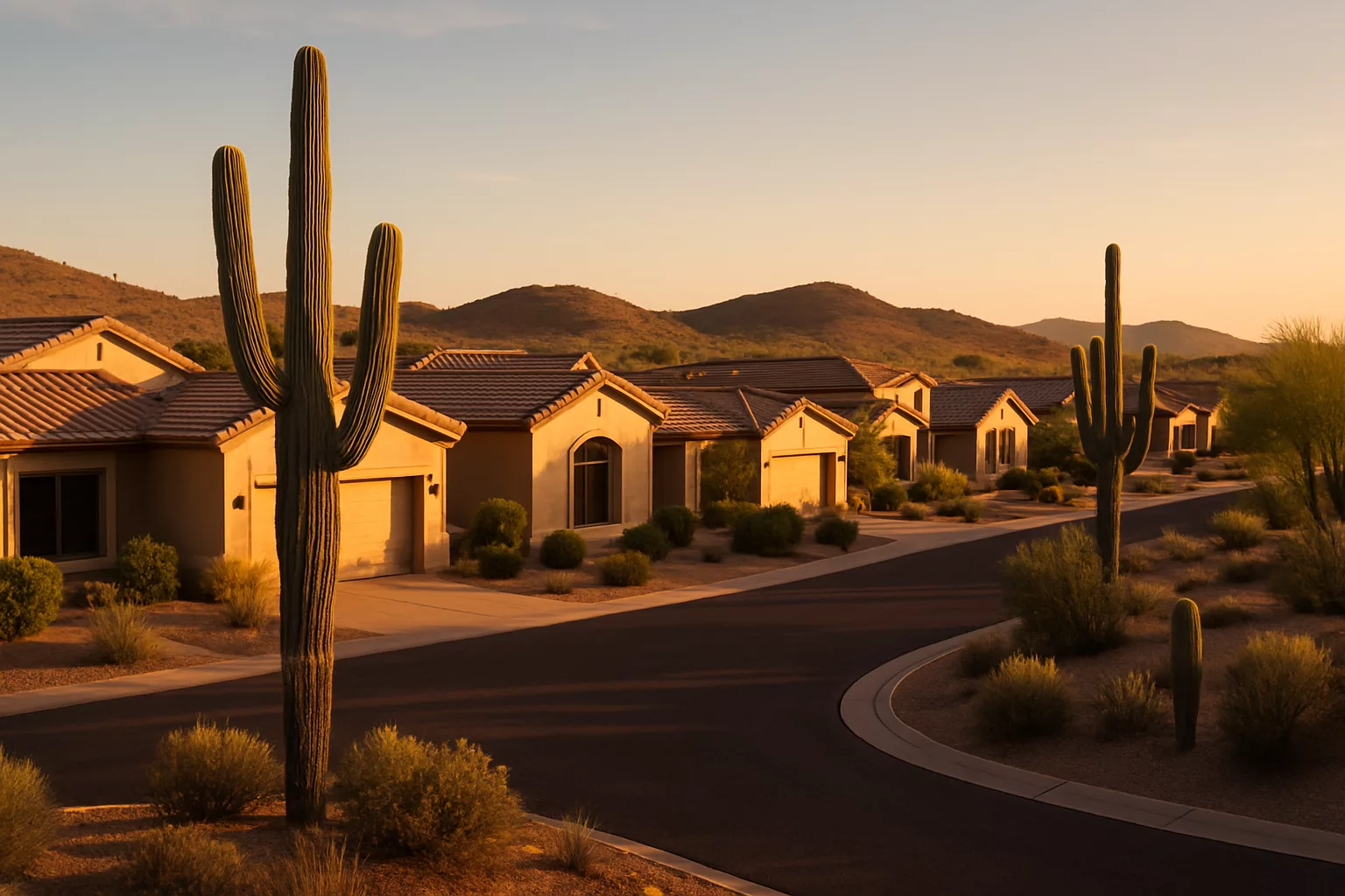 Phoenix desert suburb with saguaro cactus and tile-roof homes at golden hour