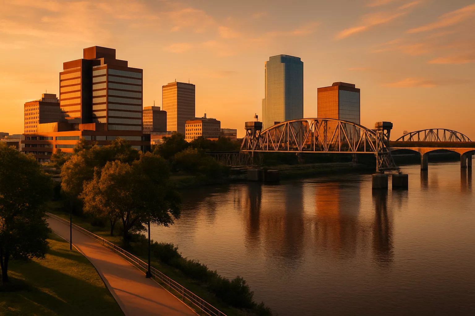 Little Rock riverfront with the Arkansas River bridges at dusk