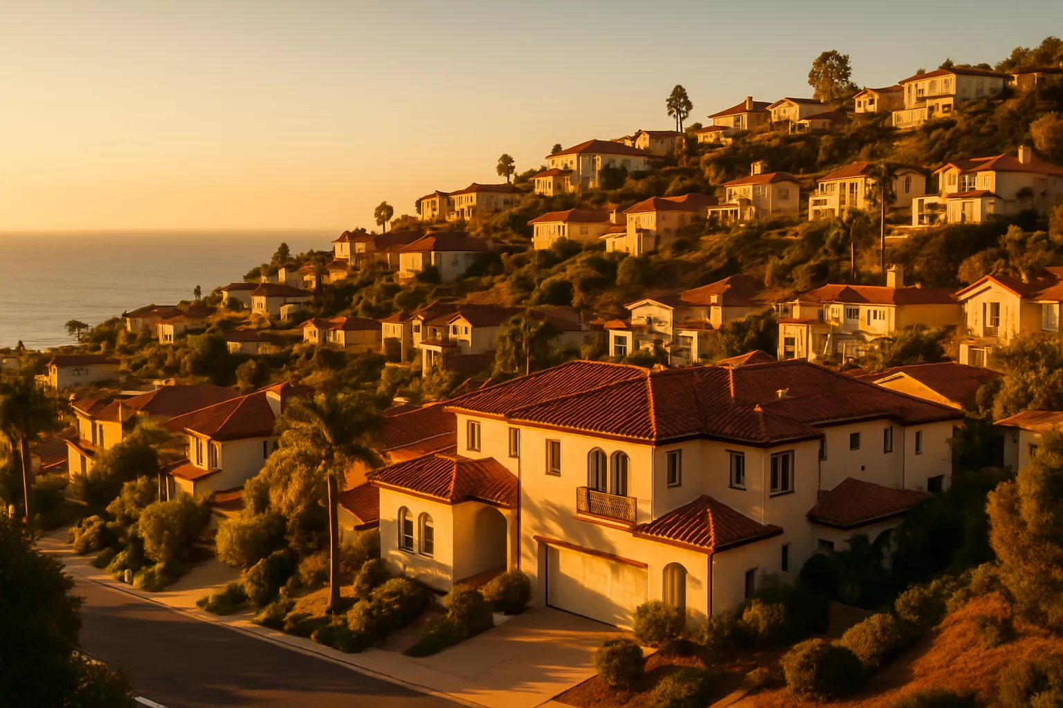 Southern California hillside neighborhood of stucco homes above the coast
