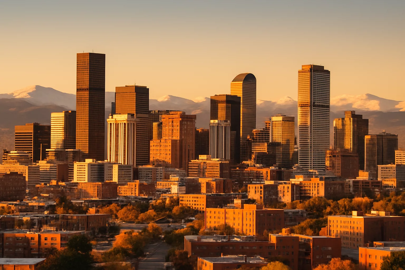 Denver skyline with the snow-capped Front Range behind it