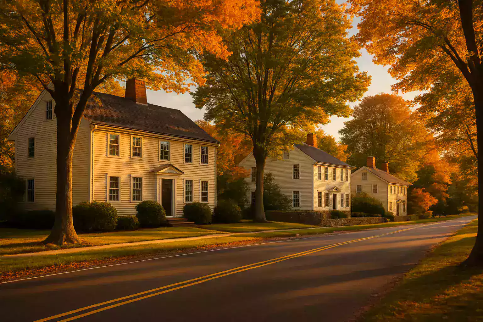 New England colonial homes on a tree-lined Connecticut street in early fall