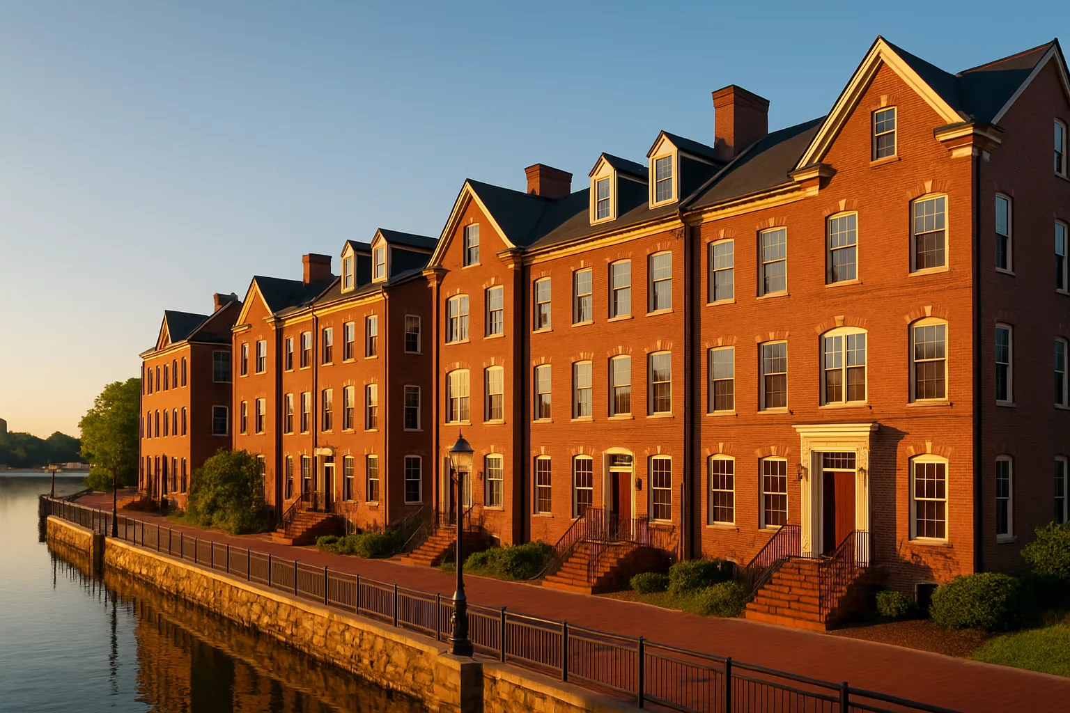 Wilmington riverfront brick row houses on a clear morning