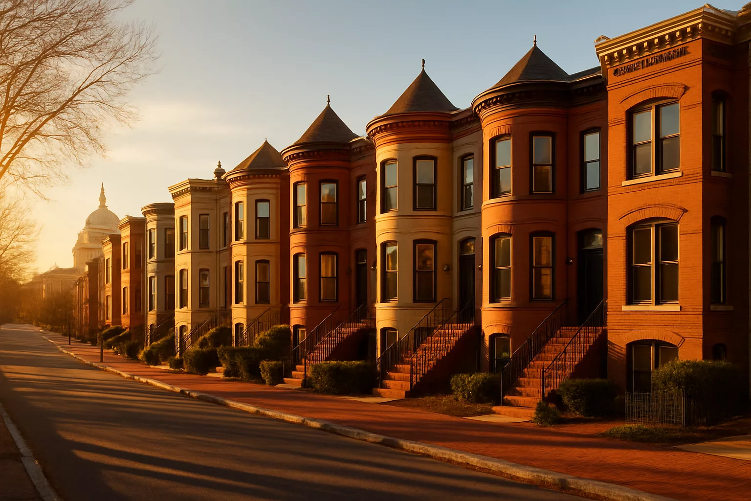 Washington D.C. rowhouse block near Capitol Hill with bay windows