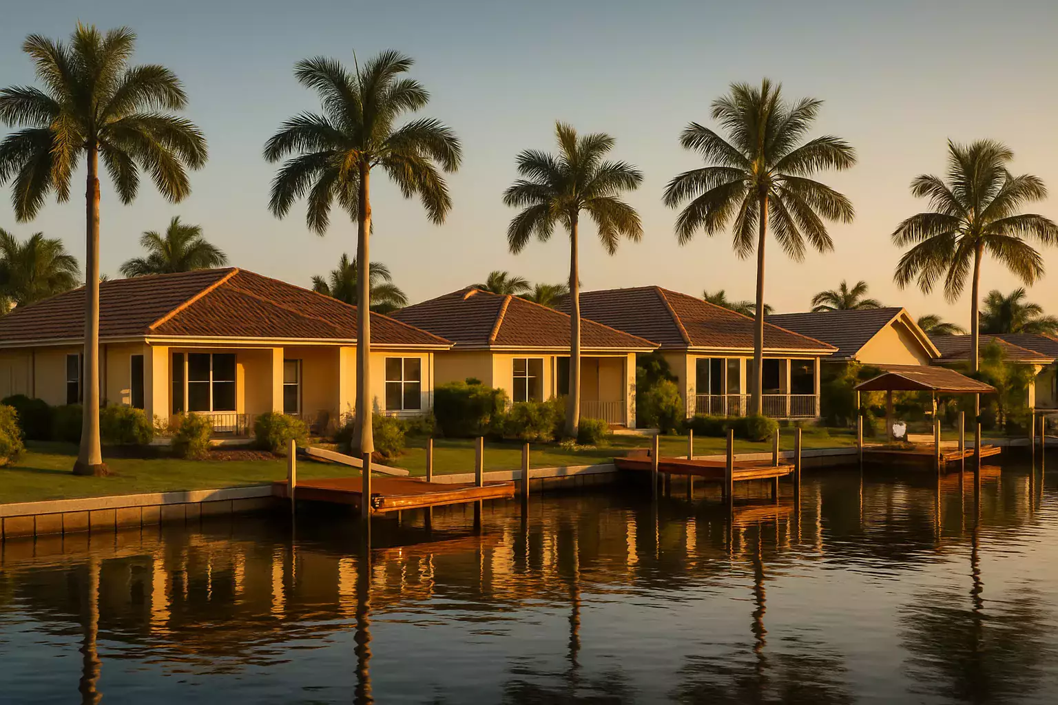 Florida waterfront rental homes with palms and private canal docks