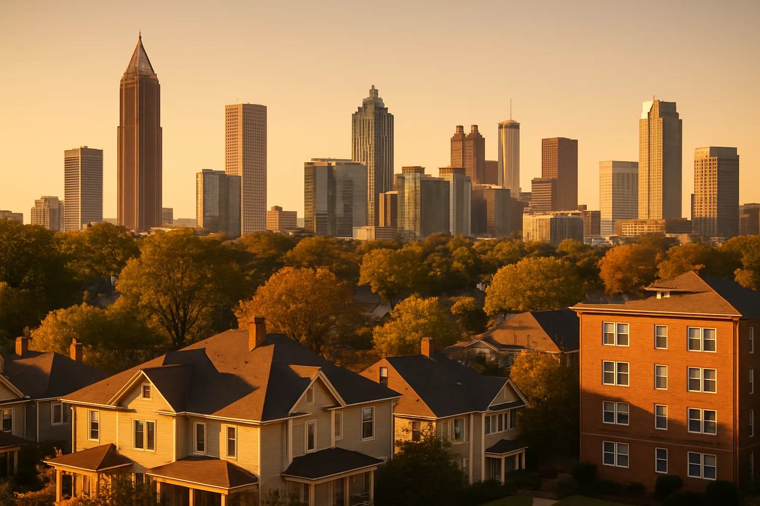 Atlanta skyline seen across the rooftops of a Midtown neighborhood