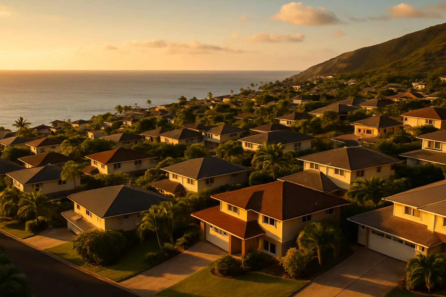 Oahu residential hillside of low homes above the Pacific