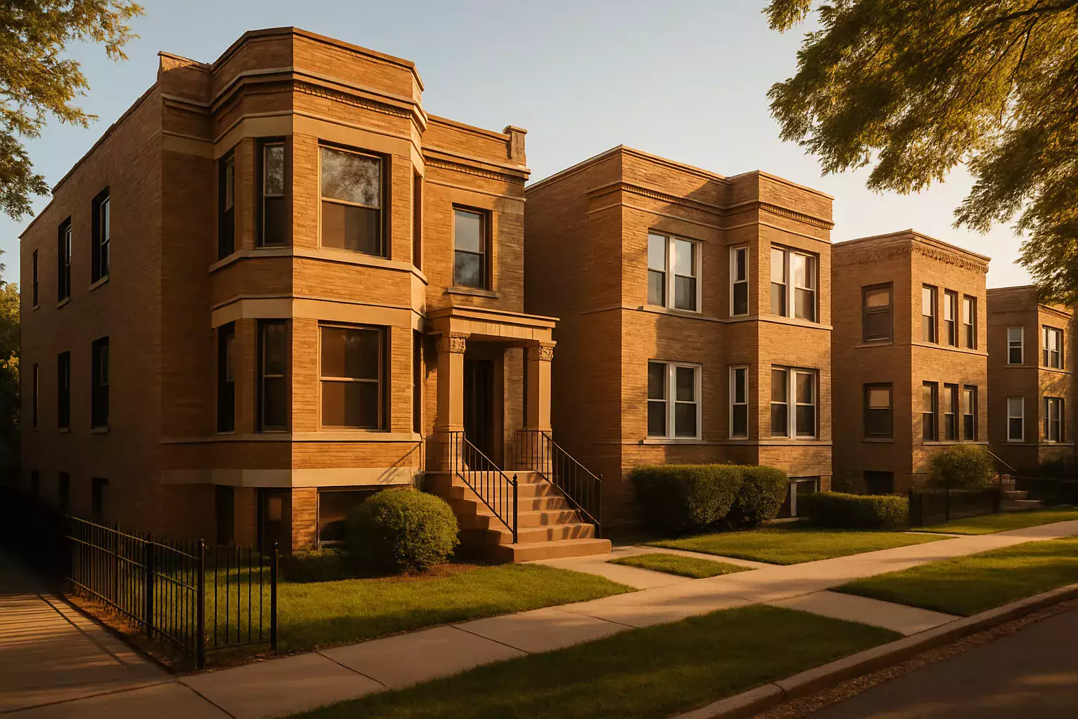 Chicago brick two-flat buildings along a residential street