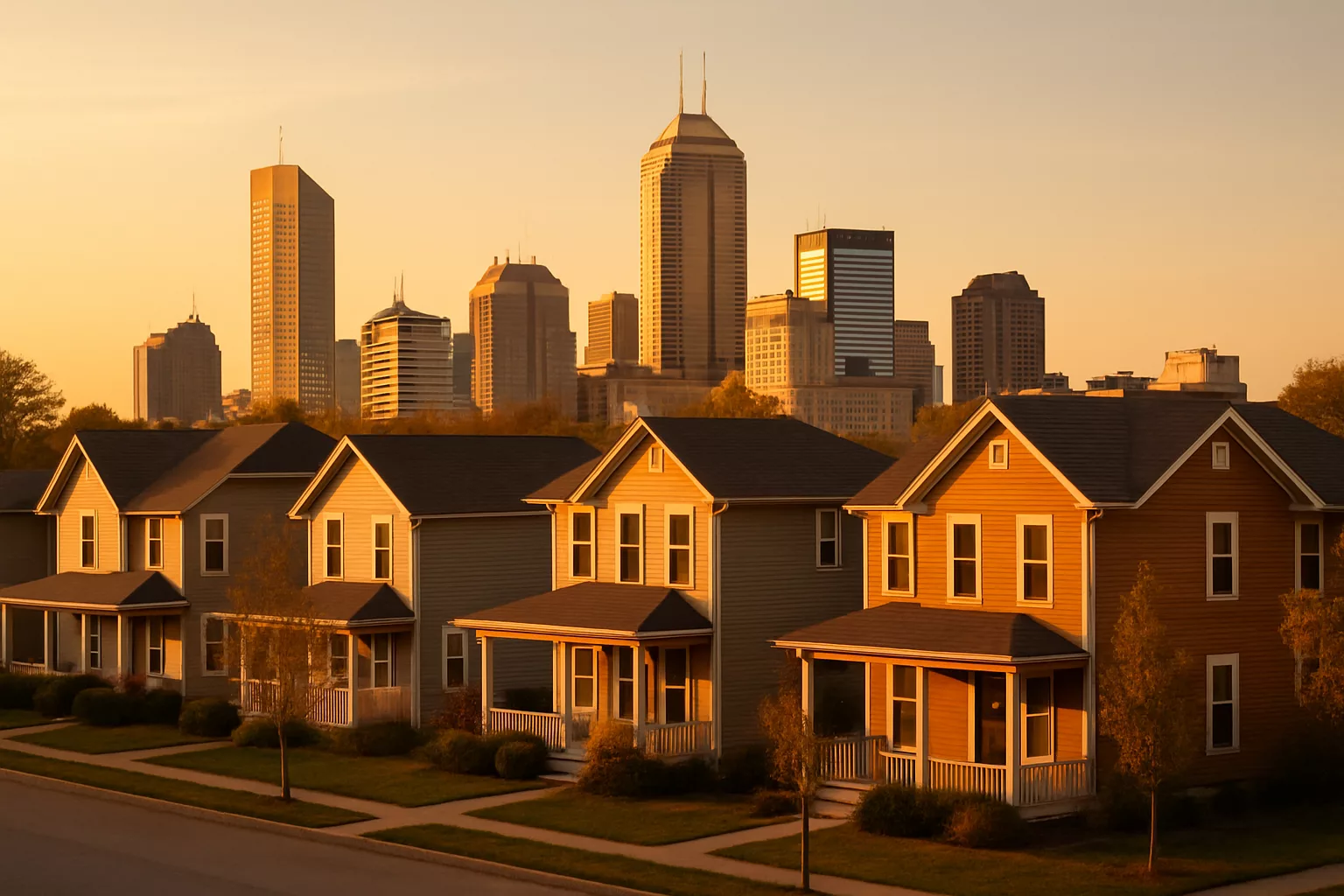 Indianapolis downtown skyline beyond a quiet residential neighborhood