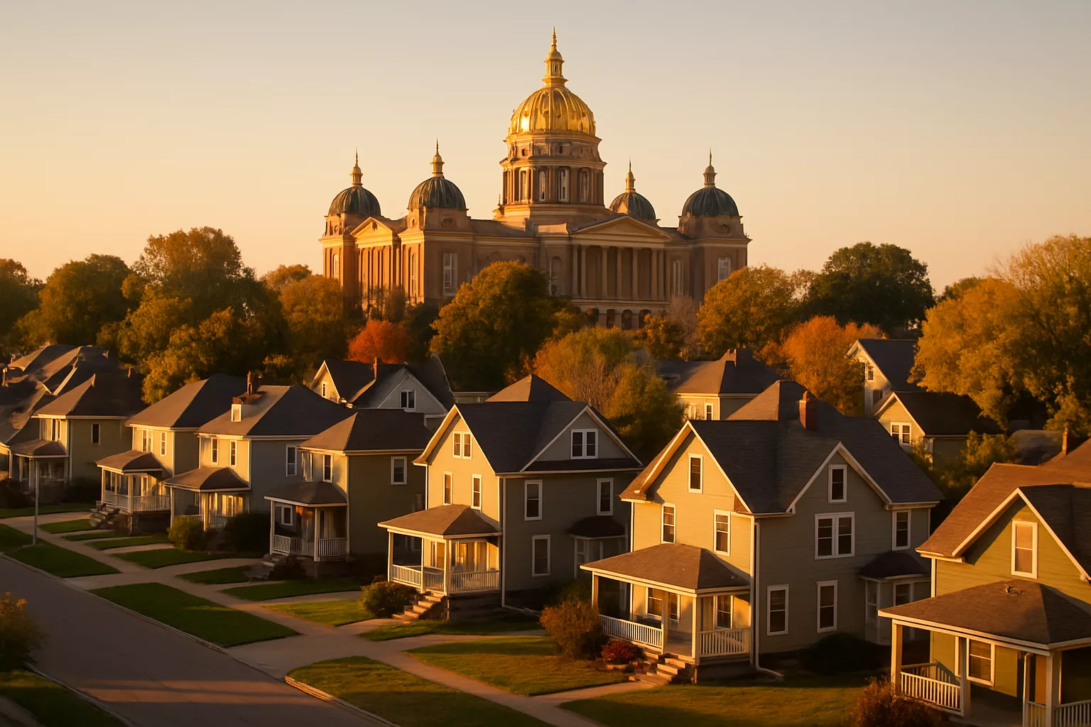 Des Moines capitol dome above a residential district