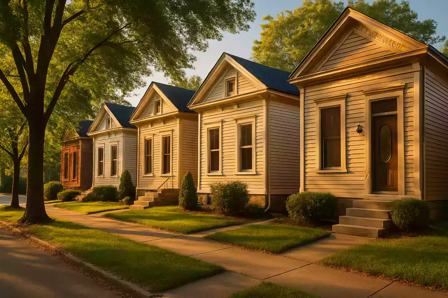 Louisville shotgun houses on a tree-lined block
