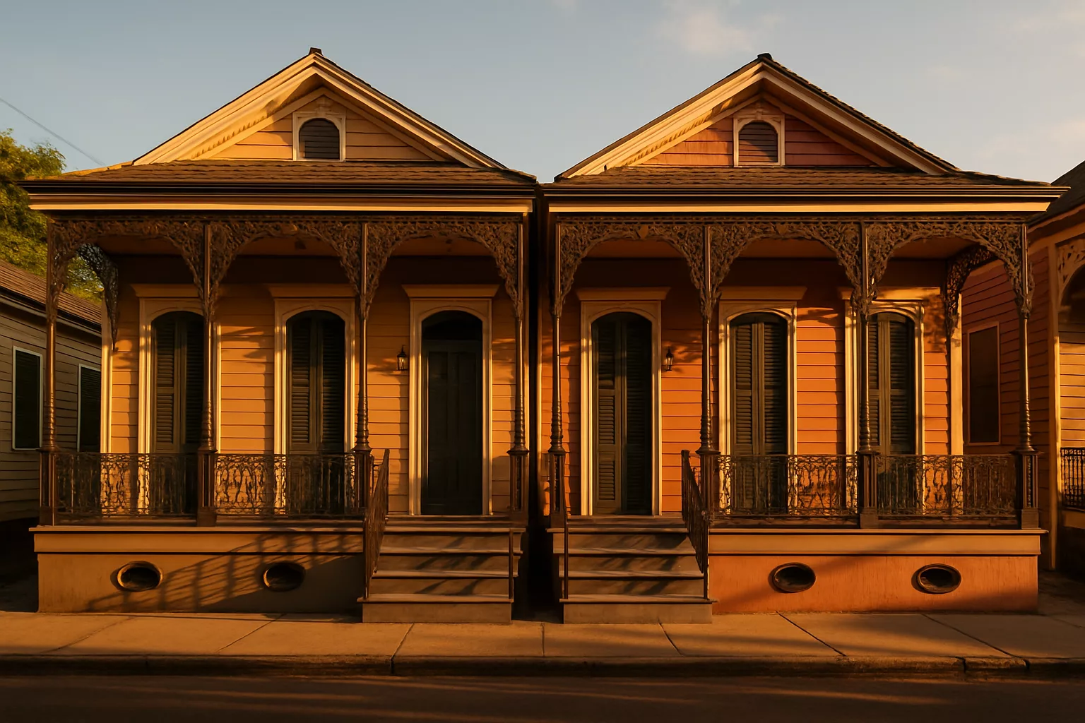 New Orleans shotgun doubles with ironwork porches