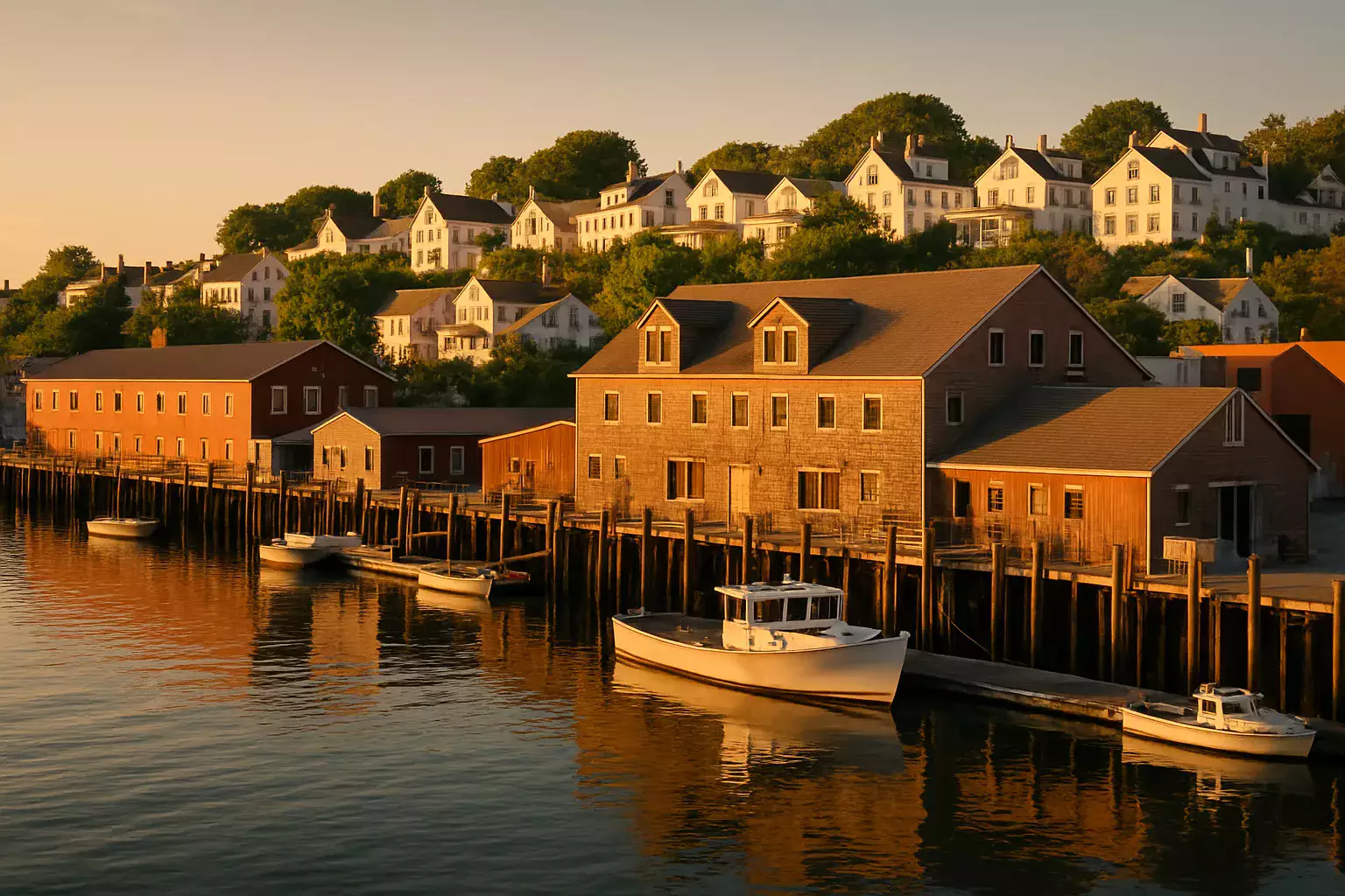 Portland Maine harbor with white clapboard houses on the hill above
