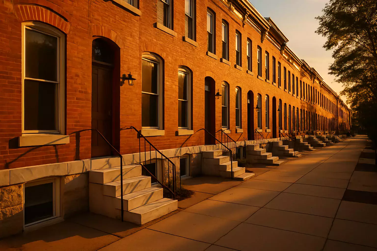 Baltimore rowhouse block with white marble front steps