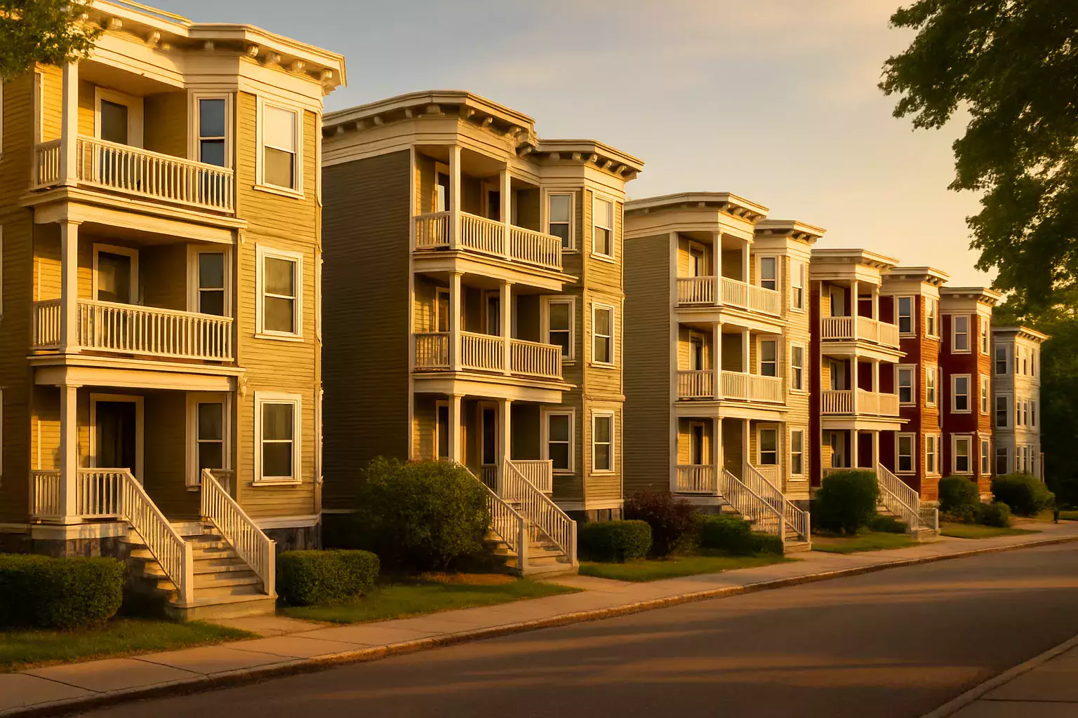 Boston triple-decker homes on a residential street