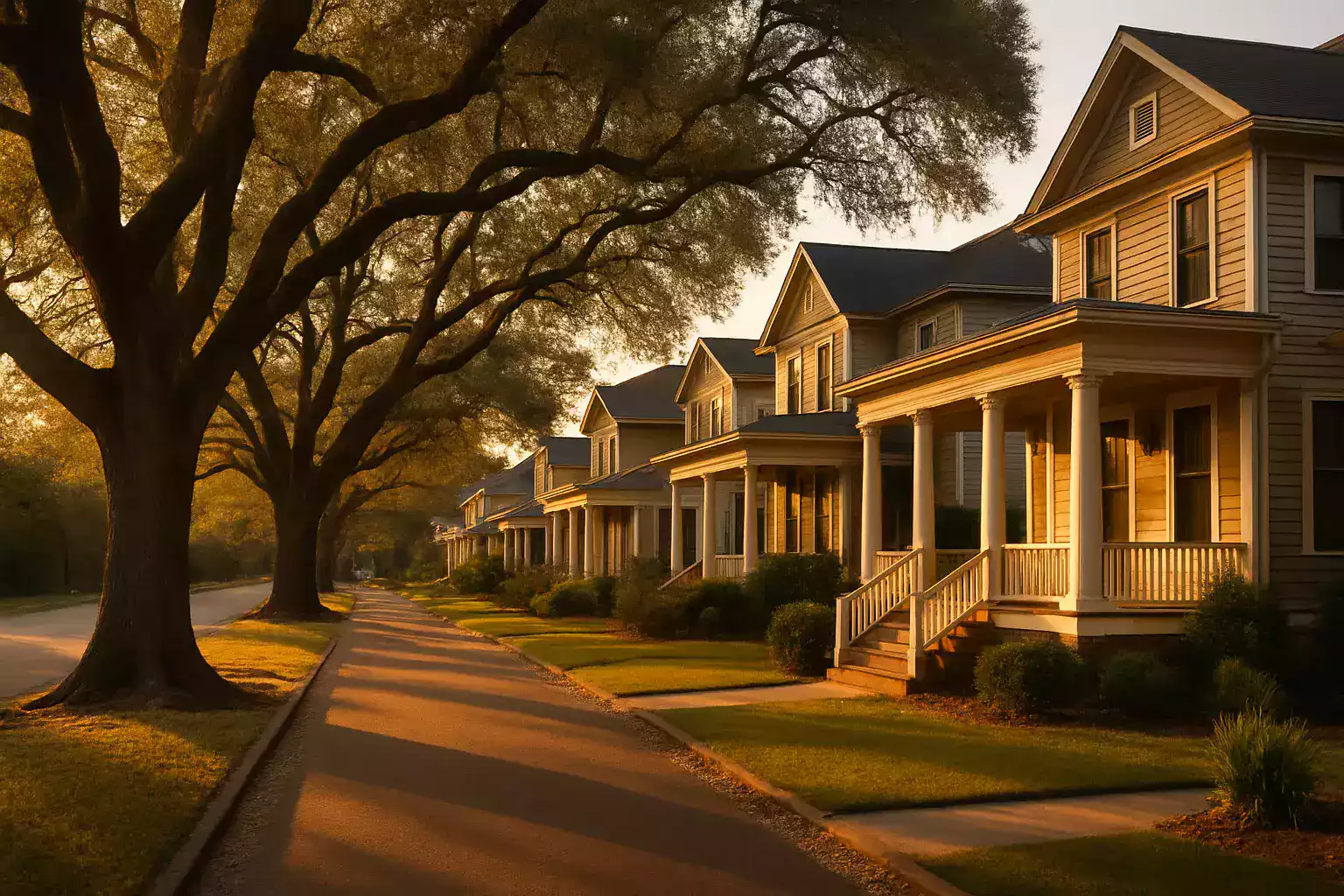 Jackson residential street with deep porches and live oaks