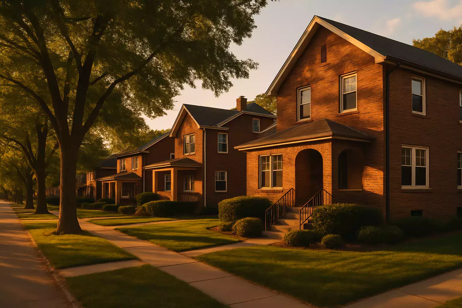 Omaha brick homes on a shaded residential street