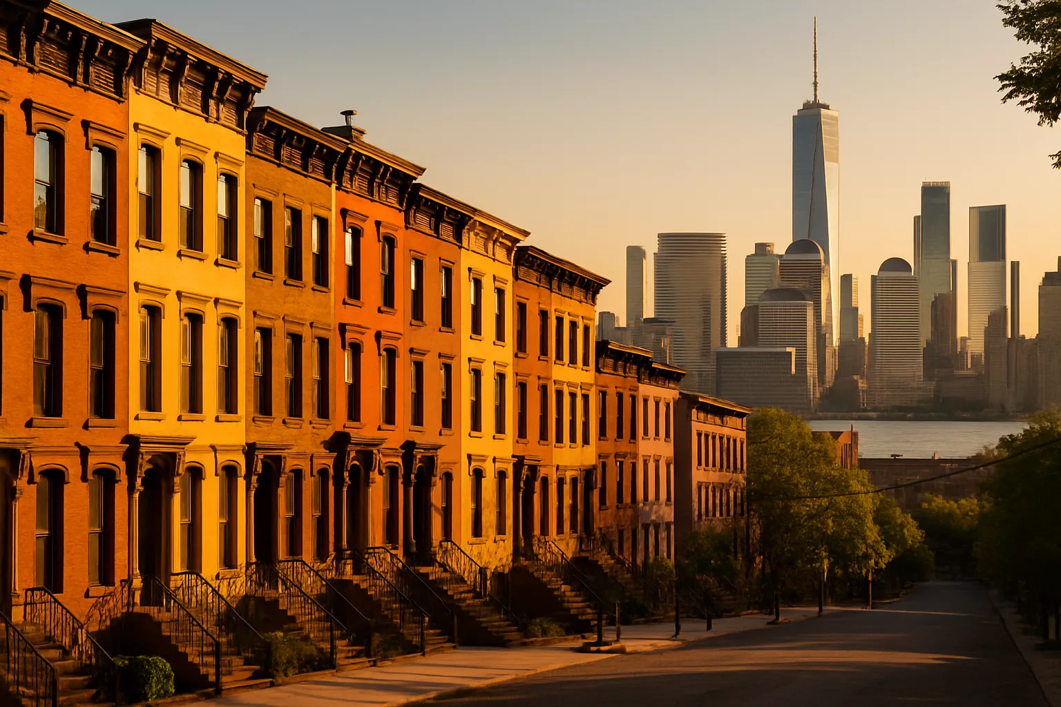 Jersey City brownstones with the Manhattan skyline beyond