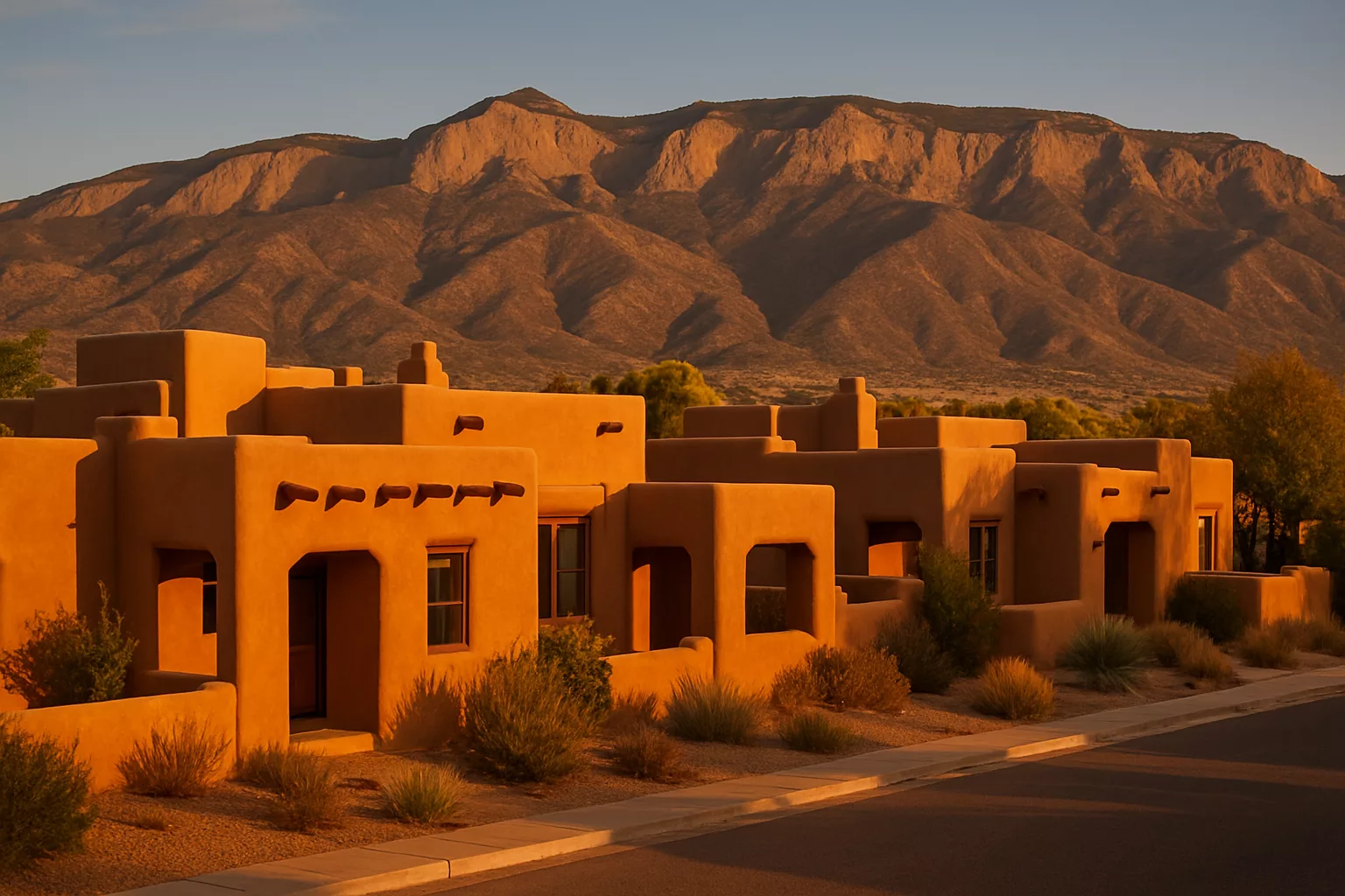 Albuquerque adobe homes with the Sandia Mountains behind