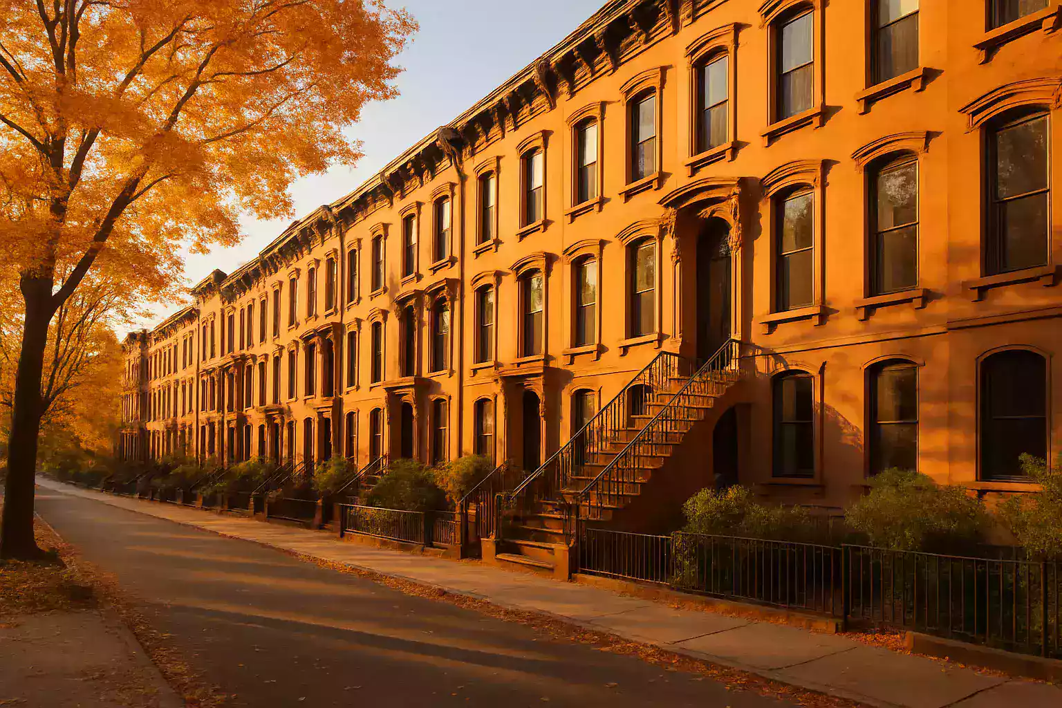 Brooklyn brownstone block on a clear autumn morning
