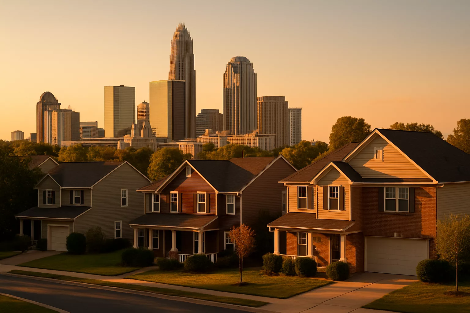 Charlotte skyline seen from a nearby residential neighborhood