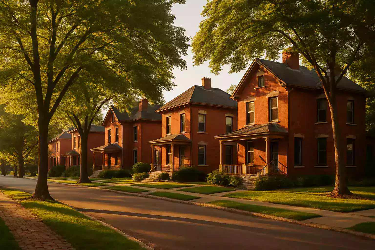 Columbus residential street of brick homes under full summer trees