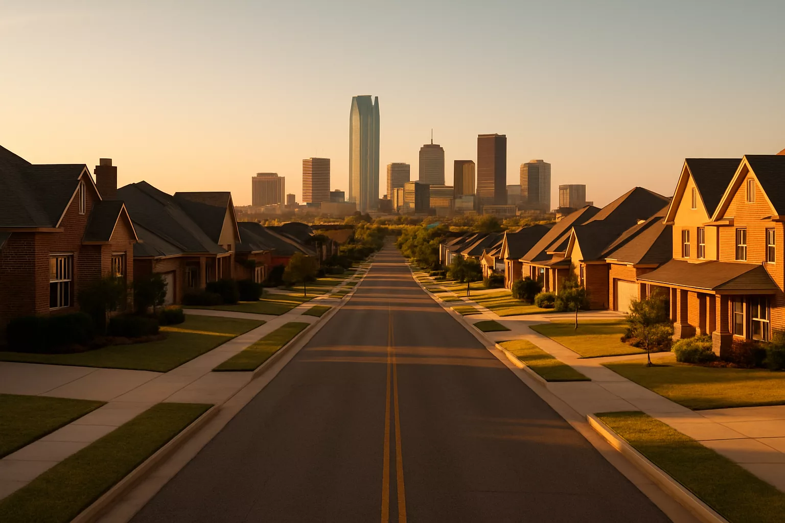Oklahoma City neighborhood with wide streets and the low skyline beyond