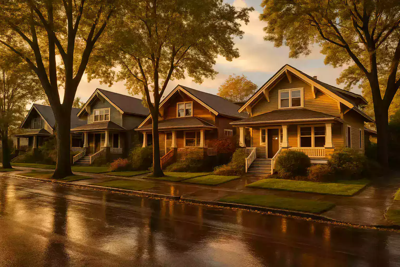 Portland craftsman homes on a rain-wet tree-lined street