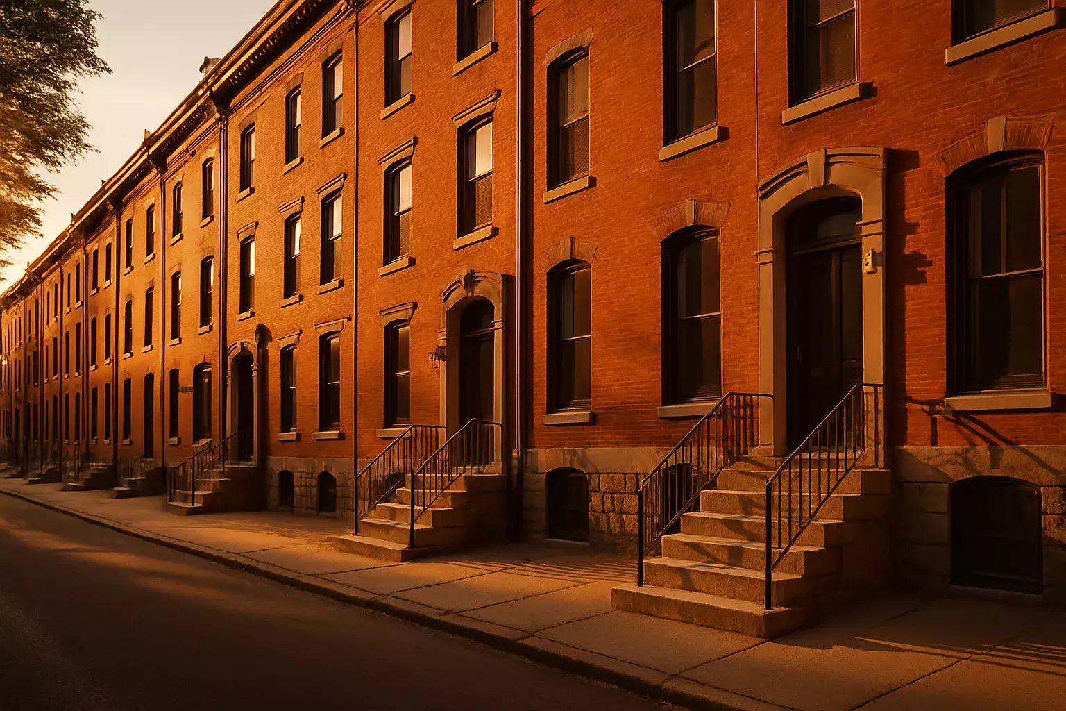 Philadelphia rowhouse block with stone stoops