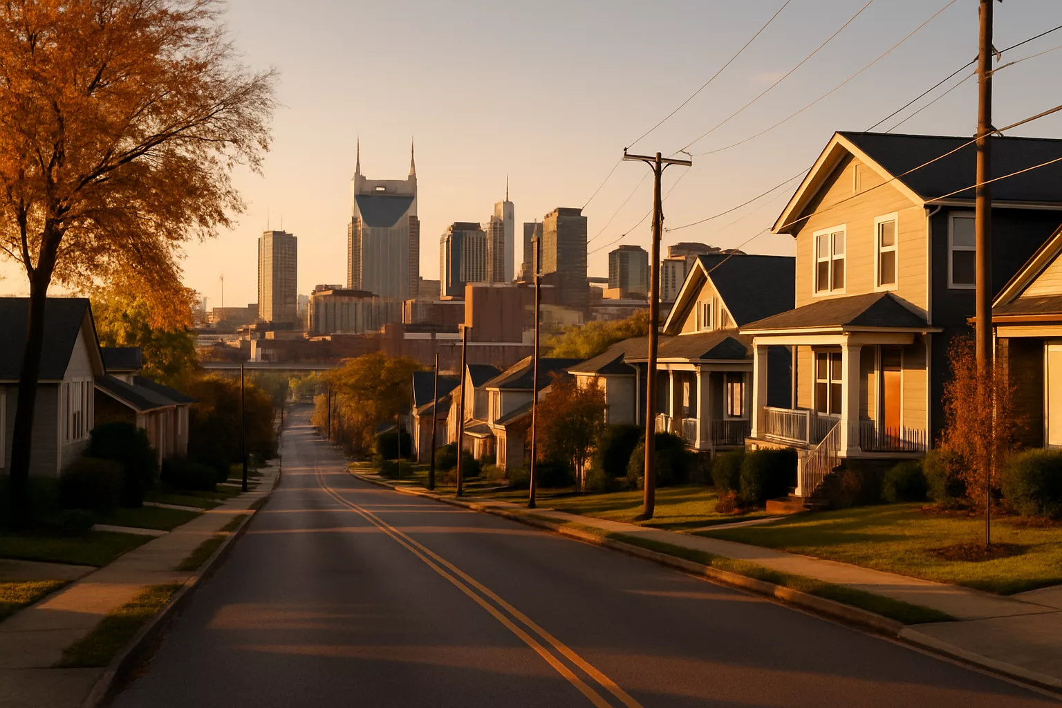 Nashville skyline from an East Nashville residential street