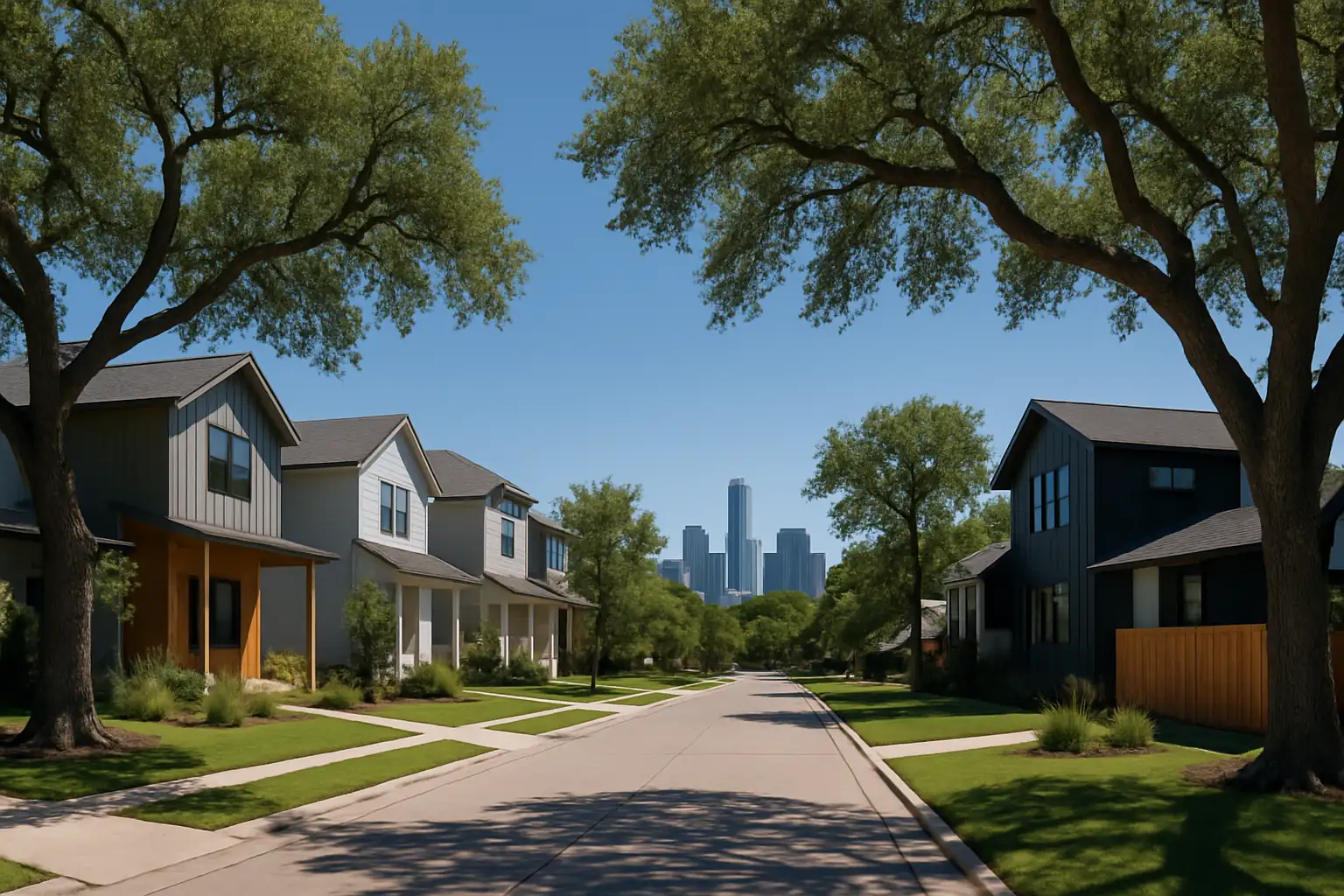 Austin residential neighborhood with mature live oaks and the downtown skyline on the horizon