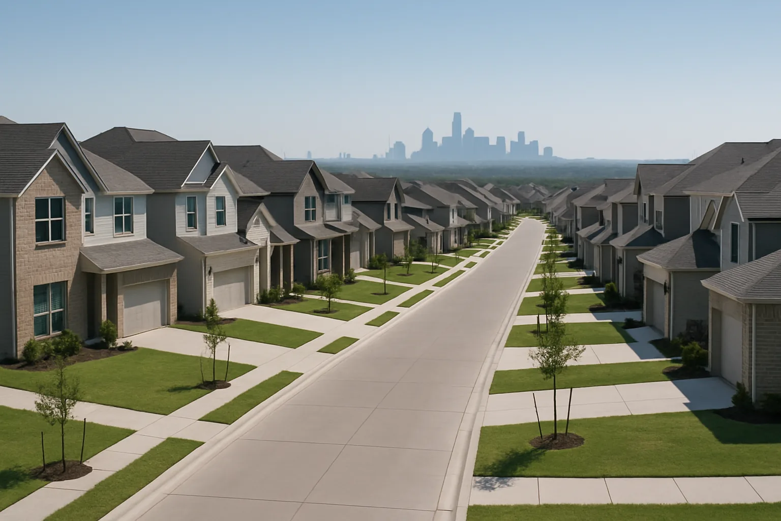 Dallas-Fort Worth suburban neighborhood with new-construction homes and the Dallas skyline distant on the horizon
