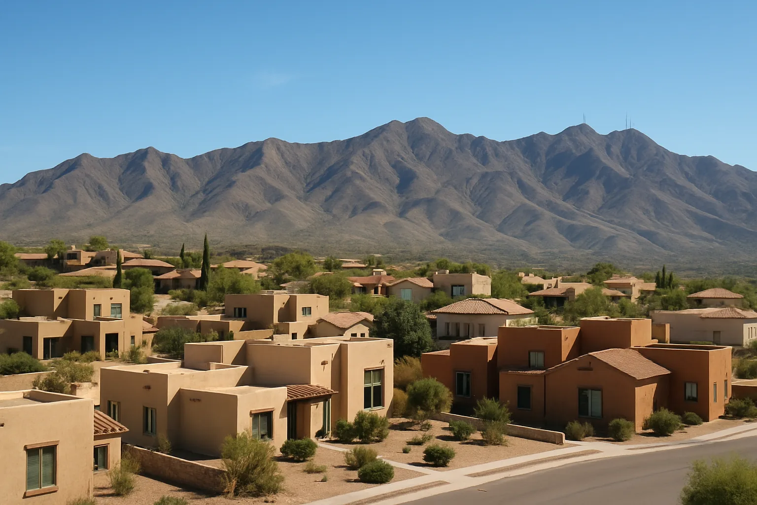 El Paso adobe and stucco neighborhood with the Franklin Mountains rising under a bright blue sky