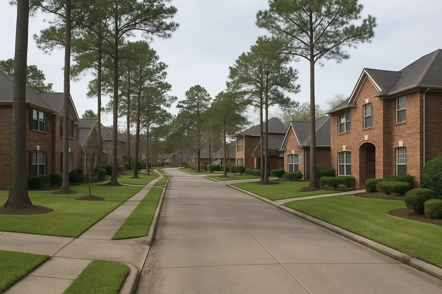 Houston suburban street with brick two-story homes and tall pines under an overcast-bright sky