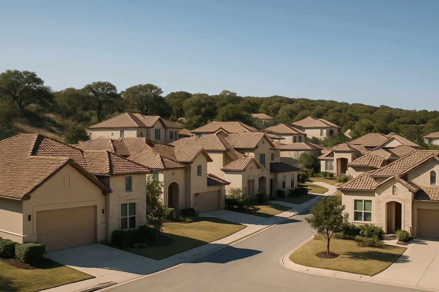 San Antonio neighborhood with stucco and stone homes amid oaks and low hill-country terrain