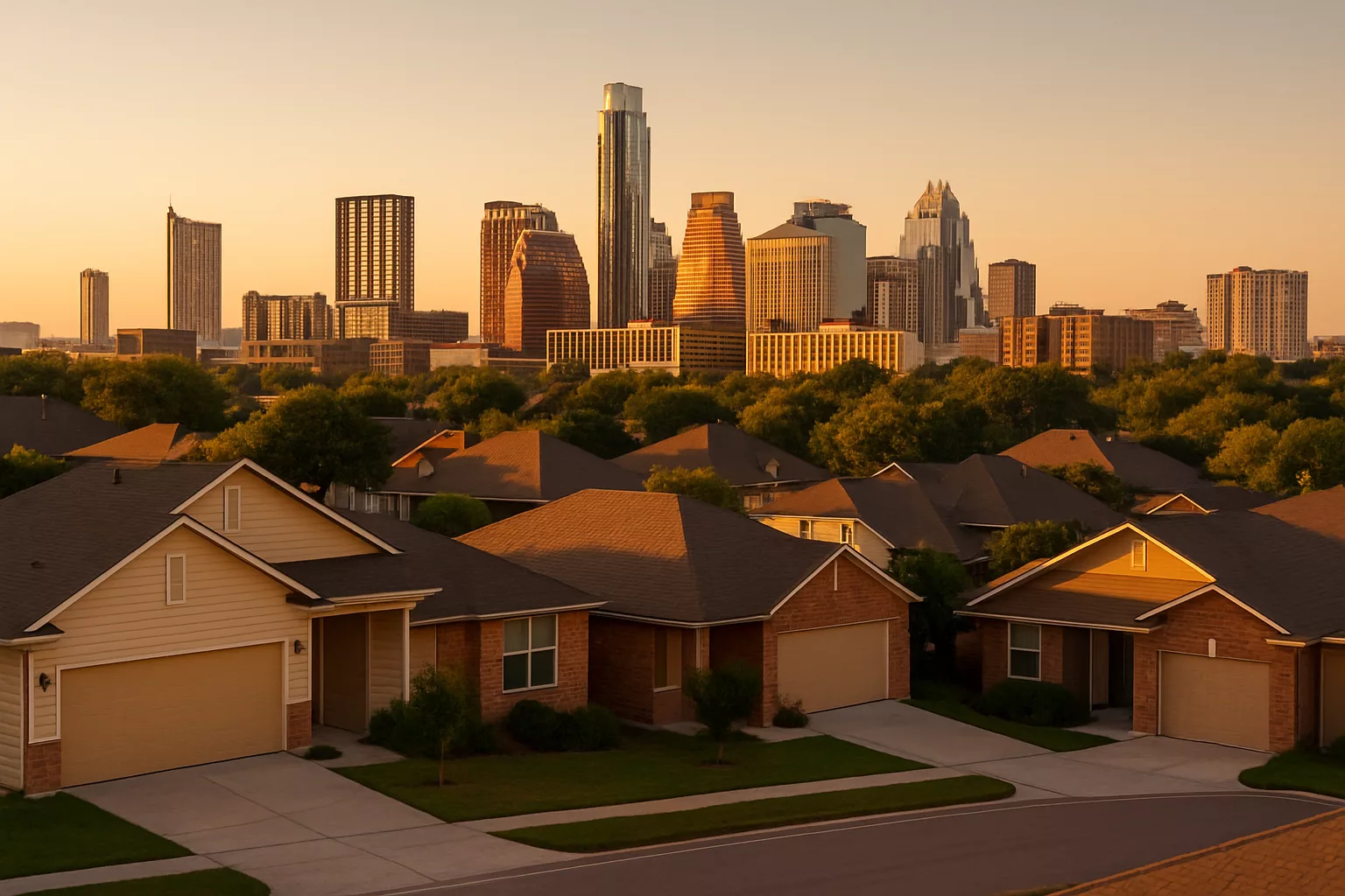 Austin skyline beyond a Central Texas residential neighborhood