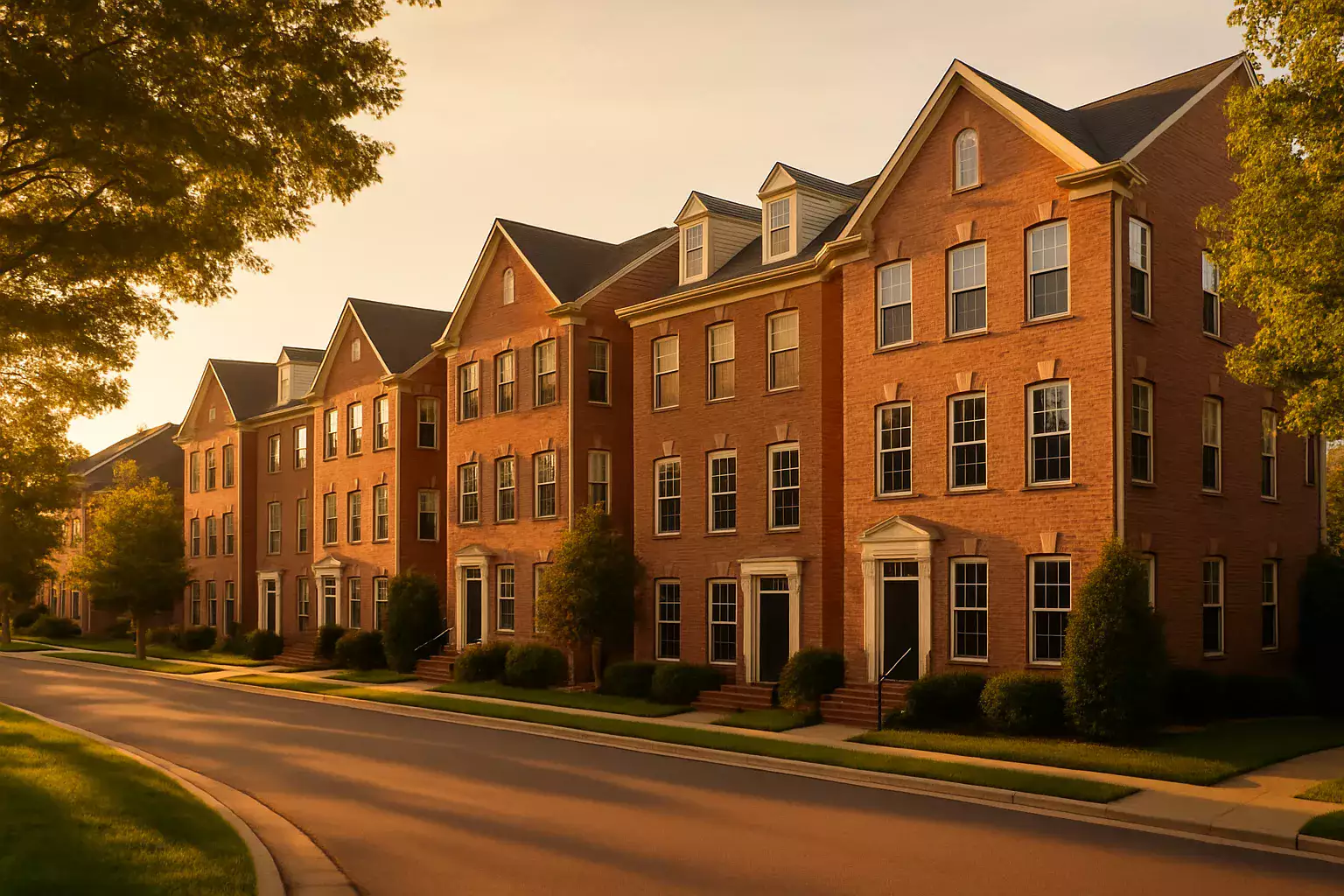 Northern Virginia brick townhomes on a quiet suburban street